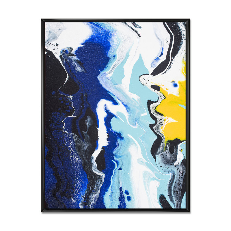 Abstraits vagues jaunes et bleues - Peinture sur toile, H 40 po x l 30 po x 1,5 po, Cadre flottant noir