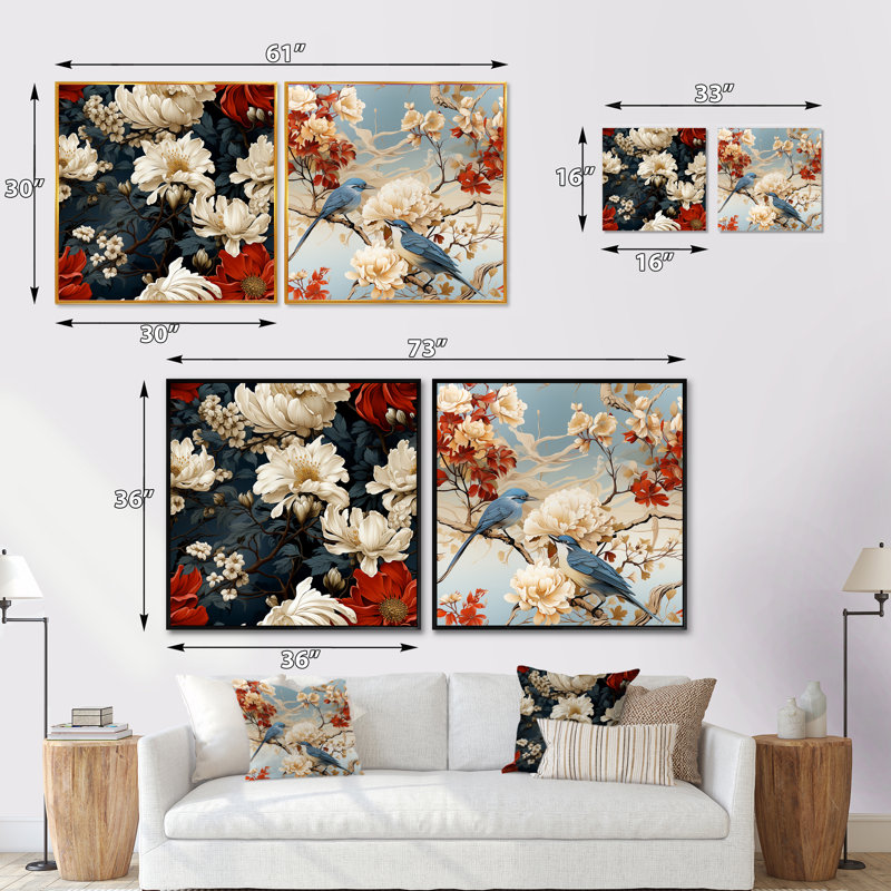 Wetherby - Ensemble de 2 collages floraux carrés, Cadre flottant noir, H 16 po x l 33 po