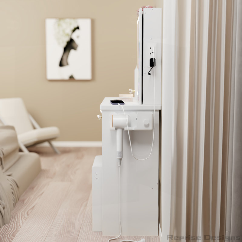 29.2" Small Size Left Drawer Desktop Vanity Table with Cushioned Stool and Power Station,Sliding LED Mirror, White