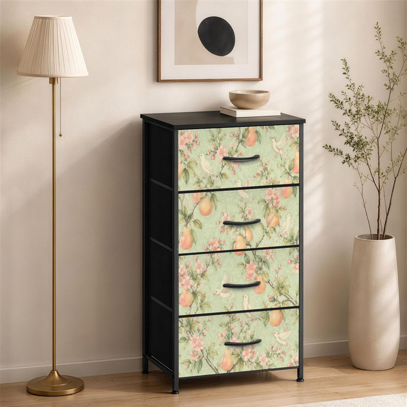 Commode à 4 tiroirs pour la chambre à coucher Vintage Botanical Birds Pears Blossoms Light