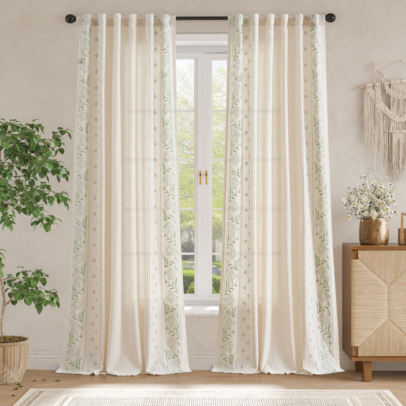 Linen Blended Semi Sheer Embroidered Floral Curtains, Sage, 50" W x 96" L
