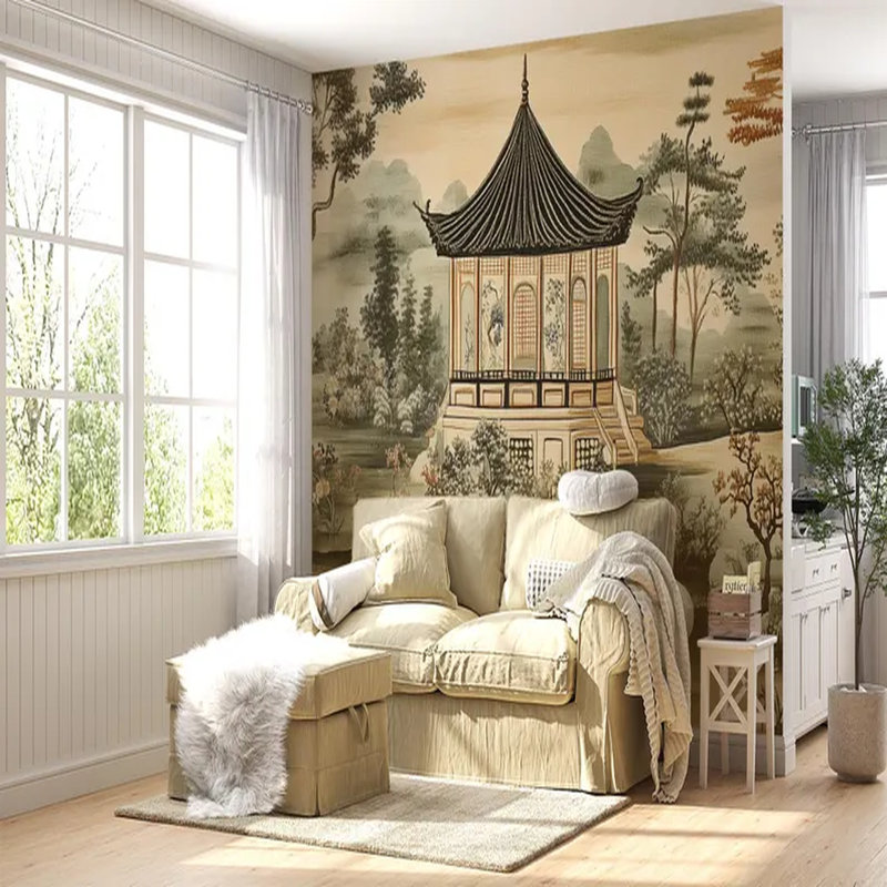 Elegant Oriental Pavilion Landscape Wall Mural, 106" L x 138" W