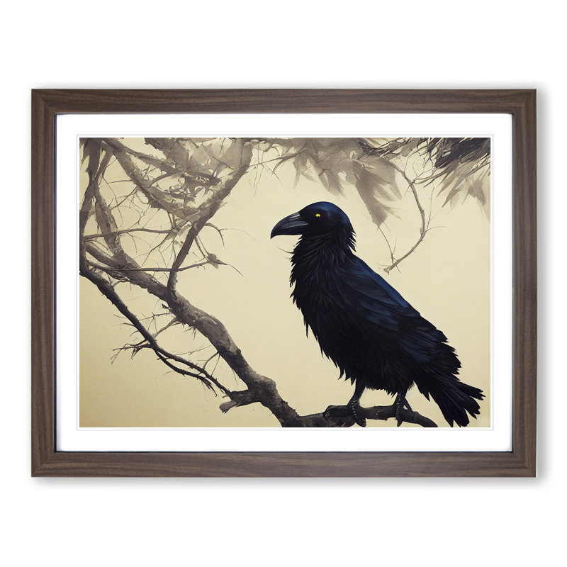 Boundless Raven Bird - Single Picture Frame Painting, 34cm H x 46cm W x 2cm D, Walnut Framed