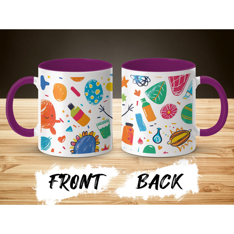 Kids Drawing Style 11oz Accent Mugs – Ceramic Coffee Cup with a Purple Handle and Interior