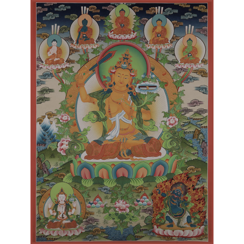 Manjushri - divinité bouddhiste tibétaine (Thangka sans brocart) | Or pur 24 carats avec peinture acrylique