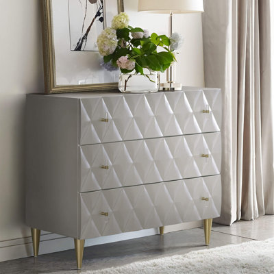 3D Diamond-Patterned Facade Console Cabinet With 3 Drawers In Metallic Silver And Champagne