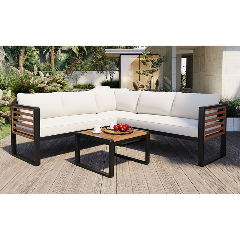 4 Pieces Outdoor Patio Conservation Set, Metal And Wood Frame Sectional L-Shaped Sofa With Soft Cushion And A Coffee Tables For Garden, Backyard, Porch And Deck