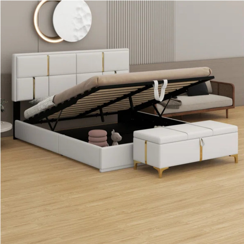 Lit plateforme tapissier avec système de rangement hydraulique, repose-pieds avec pieds en métal