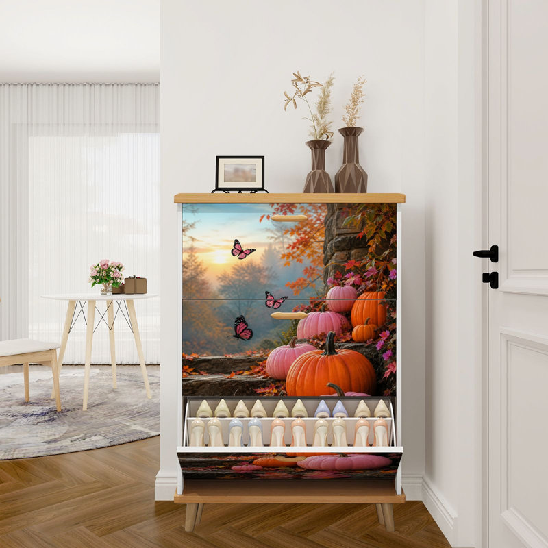 Rangement pour chaussures avec 3 tiroirs rabattables pour scène d'automne rustique, citrouilles roses et roses