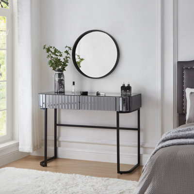 39 Inch Mirrored Makeup Vanity Table With Stainless Steel Base, 2 Drawers, Versatile And Elegant Desk For Modern Interiors