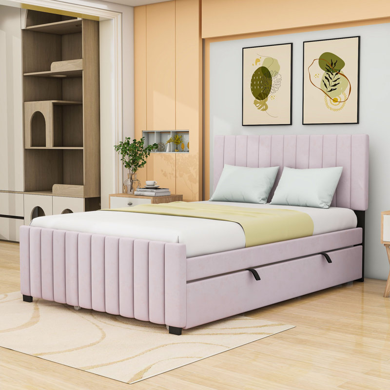 Full Upholstered Platform Bed with  Trundle, Pink