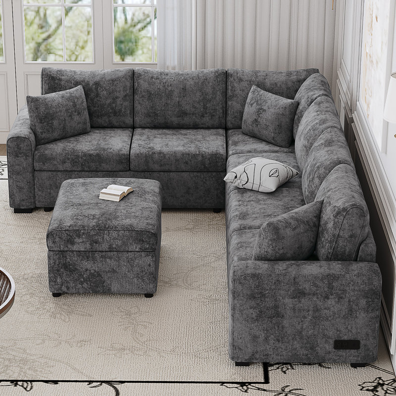 Gray Chenille Sectional Sleeper Sofa Bed With Usb & Storage Ottoman, Gray Chenille