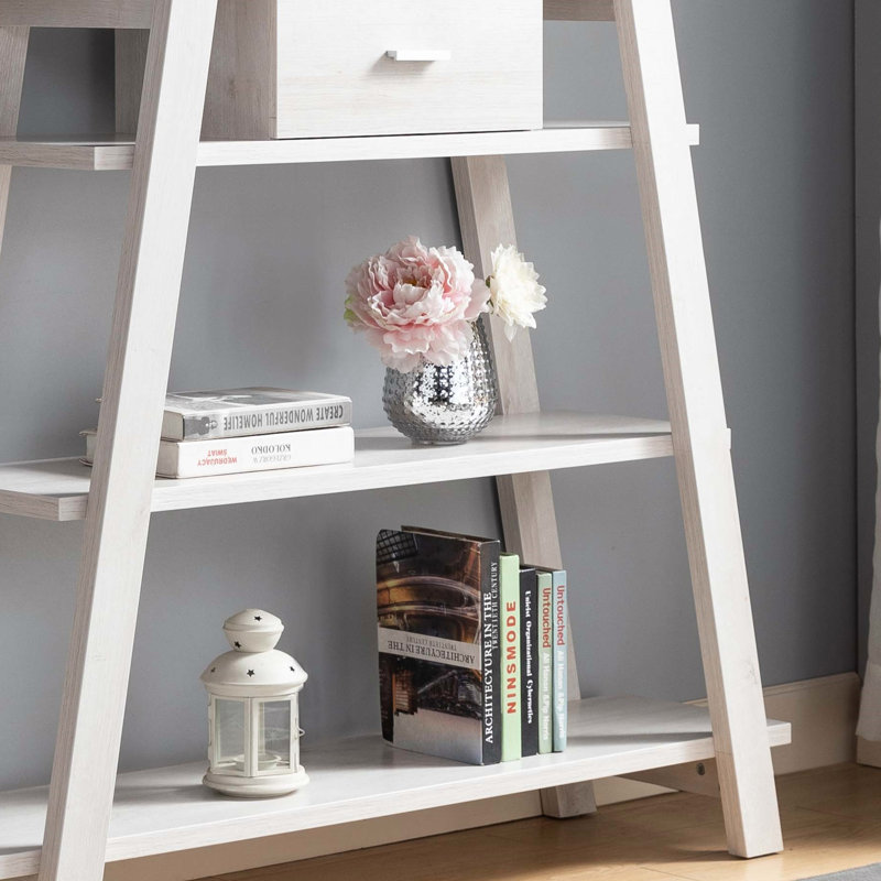 Modern Display Cabinet 4- Tier Open Shelving with Center Drawer in White Oak