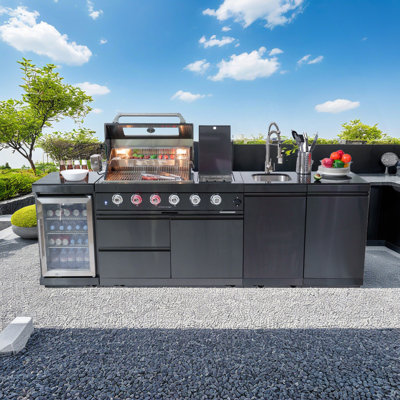 46-Inch 4-Burner 72000 BTU Deluxe Stainless Steel Gas Outdoor Kitchen Bar Barbecue Island Grill Wine Cooler Compact Refrigerator Rotisserie Kit Granite Countertops Stainless Steel Sink