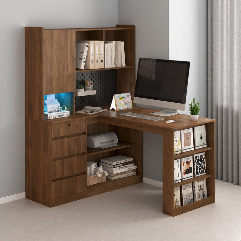 Bureau en L, bureau d'ordinateur avec tiroirs, bibliothèque, avec éclairage à DEL, bureau d'angle moderne, bureau à domicile, bureau d'écriture en L, bureau d'ordinateur de coin avec rangement