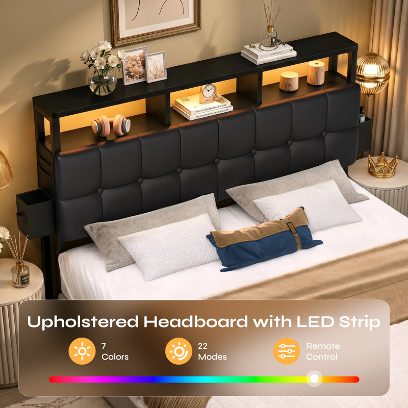 Damerius Upholstered Storage Headboard With Built-In Charging Station, LED Light Strip, Hidden Drawer And Shelf – Tufted Button Design