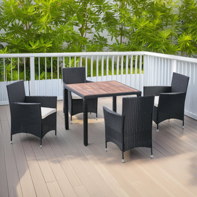 5-Piece Outdoor Wicker Dining Set – Acacia Wood Tabletop, Black Wicker (Creme Cushions, All-Weather) by Red Barrel Studio