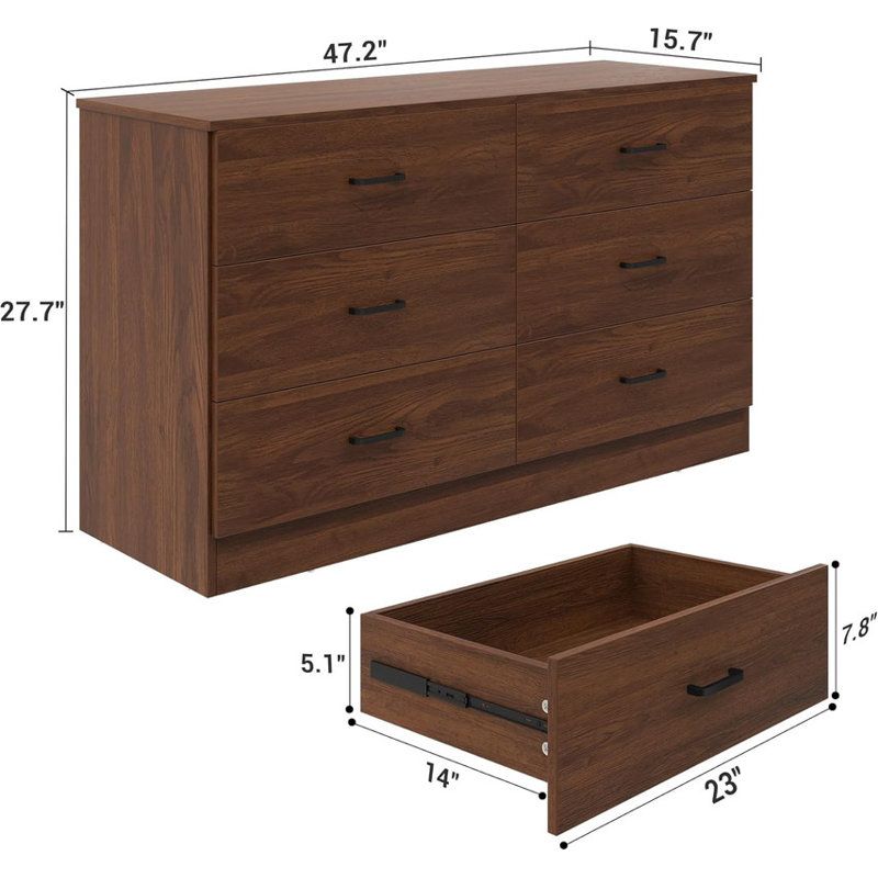 Dresser for Bedroom,6 Drawers Dresser Modern Wood Double Chest of Drawers for Bedroom Living Room, Brown