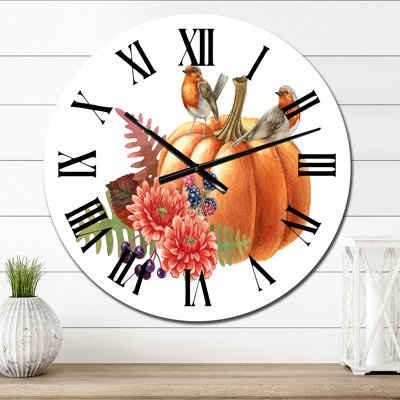 Arrangement d'automne citrouille avec oiseaux - horloge murale décontractée