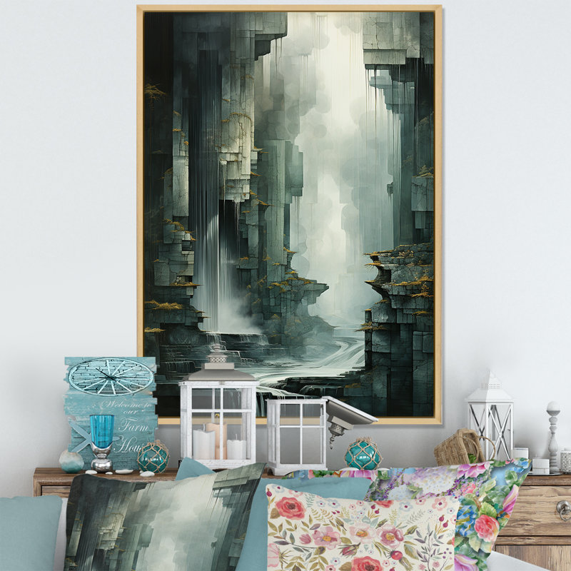 «Waterfall Cliff Adventure I», reproduction sur toile, Cadre naturel flottant, H 32 po x l 24 po x P 1 po