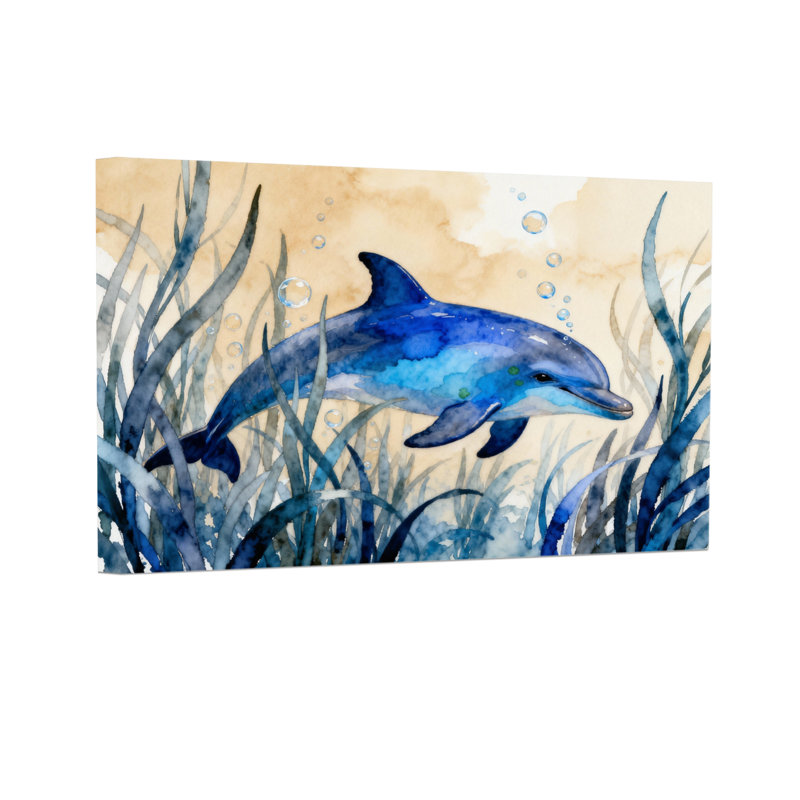 Animaux, dauphins nageant parmi des algues et des bulles, H 12 po x l 18 po