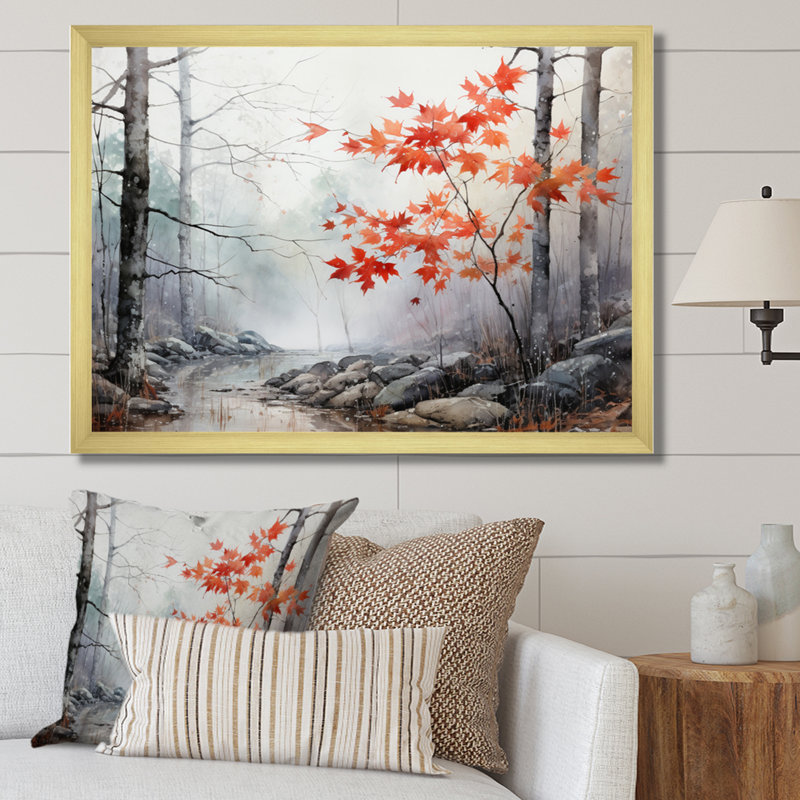 Art mural sur toile, "Red Forest", Cadre doré à une seule photo, H 24 po x l 32 po x P 1 po