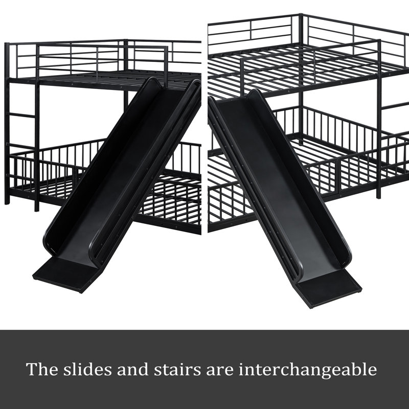 Twin Over Twin Size Metal Bunk Bed With Slide And Guardrails, Full Over Full, Black