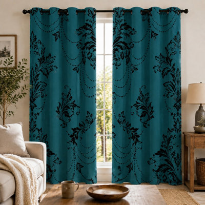 Lot de 2 rideaux damassés floraux bleu sarcelle et noirs, style vintage, décor salon/chambre, occultants et isolants thermiques, œillets pour la décoration intérieure.