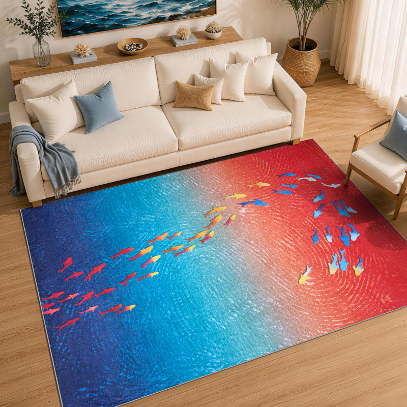 Tapis d'intérieur lavable à la machine, motif abstrait moderne de carpes koï, bleu coloré, antidérapant, à poils courts.