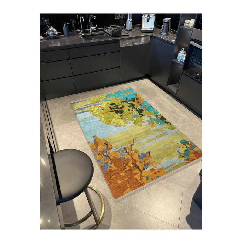 Blue Green Themed Abstract Tree Patterned Fringed Modern Decorative Carpet, Rectangle 4' x 5'11"