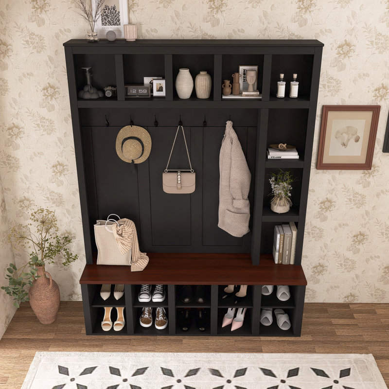 Farmhouse Wooden Hall Tree, Walnut 6-hook Storage Bench, 4-in-1 , Black