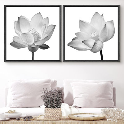 Minimal Botanical " Blooming White Lotus Closeup Floral Plants " 2 - Pieces