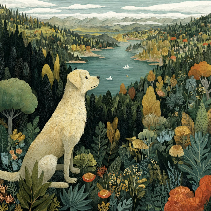«Golden Dog Forest View», art mural sur toile tendue, L 12 po x H 12 po x P 1 po
