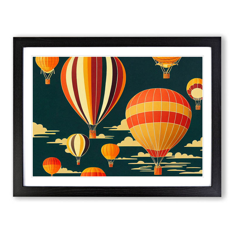 Art Deco Hot Air Balloons Vol.1 - Single Picture Frame Print, Black, 34cm H x 46cm W