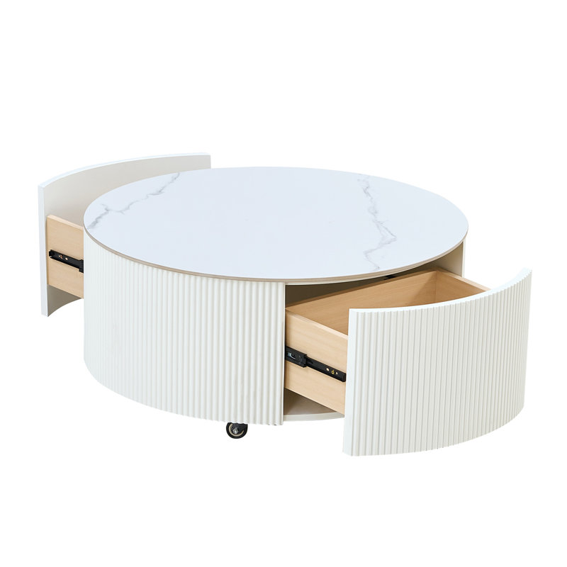 Table basse ronde moderne mobile avec roulettes, 2 tiroirs, plateau en pierre frittée motif marbre, blanc, White