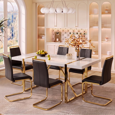 Ensemble de table de salle à manger 7 pièces rectangulaire moderne ultrabrillant Glam avec chaises en porte-à-faux en similicuir