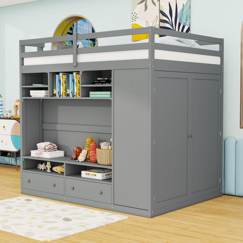 Lit mezzanine double 2 tiroirs avec tablettes, lumières DEL et garde-robe, Gris