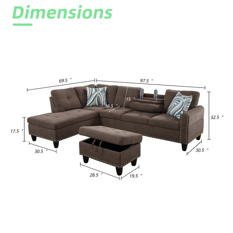 Canapé modulaire rembourré 3 pièces de 96 po de largeur avec repose-pieds, Orienté à gauche (vu de face)