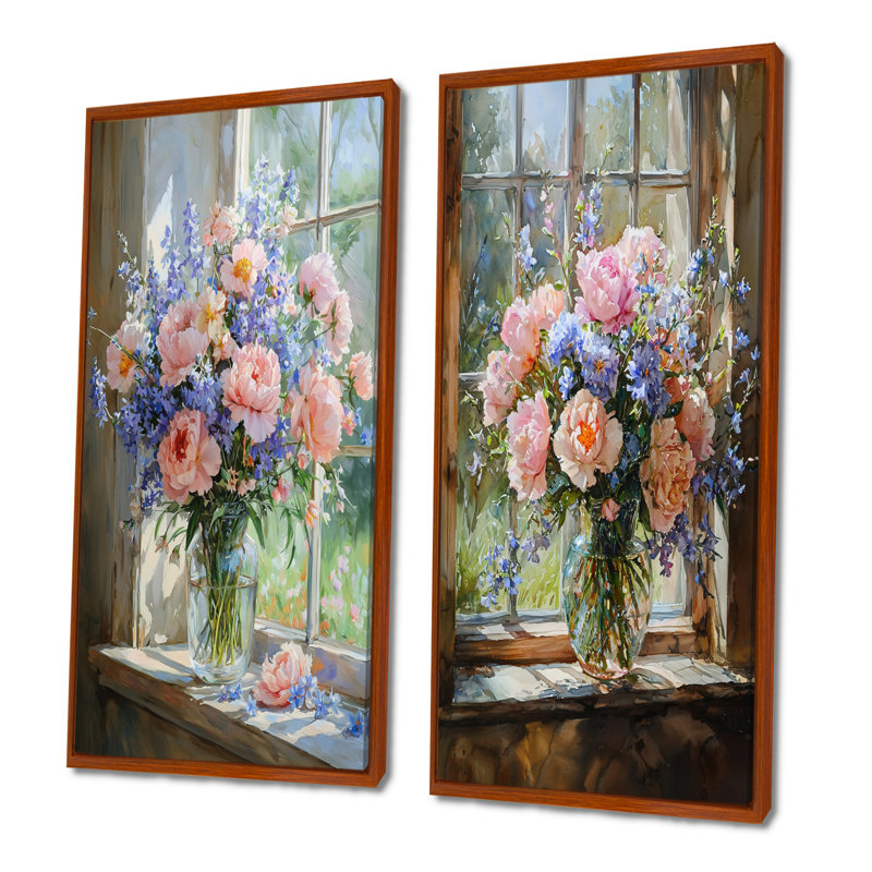 Bouquet de fleurs pastel d'été à la grange I - Décoration murale florale 2 panneaux, H 40 po x l 41 po, Cadre flottant brun