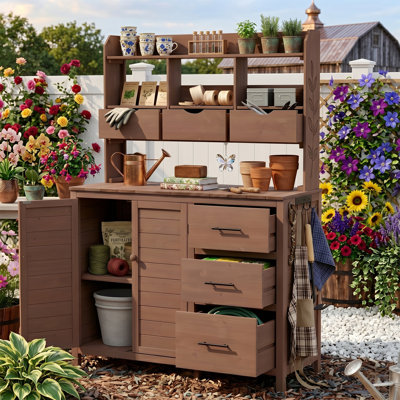 Banc de rempotage en bois naturel de 65 po de hauteur avec 6 tiroirs et armoire inférieure, poste de travail de rangement pour îlot de cuisine extérieur de 45 po de largeur et 20 po de profondeur avec crochets