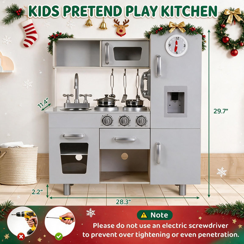 Role Play Wooden Kitchen Set for Kids, Modern Pretend Play Kitchen with Realistic Sounds & Storage, Complete Chef Toy for Toddlers & Preschoolers, Perfect Christmas Birthday Gift