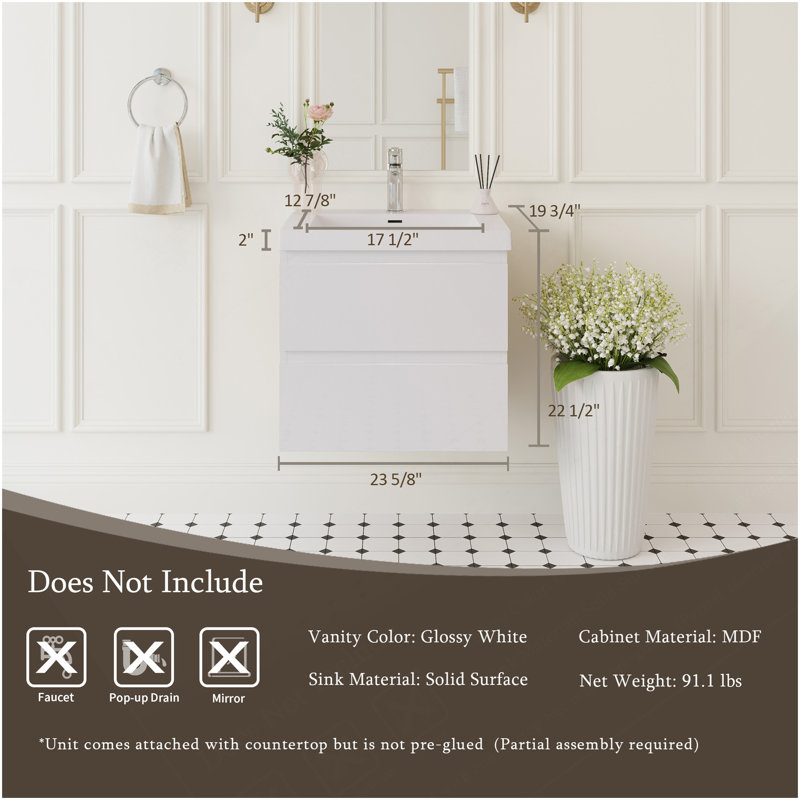 Meuble-lavabo mural 24 po avec lavabo, meuble-lavabo mural moderne avec lavabo à surface et tiroirs à fermeture en douceur, blanc brillant