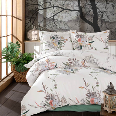 Ensemble de housse de couette double Luxury Ranforce, 100% coton, blanc / brun / rose / vert | Housse de couette: 78,7 x 86,6 pouces, drap plat: 94,5 x 102,4 pouces, 2 taies d'oreiller: 19,7 x 27,6 pouces | Lavable à la machine, 145 fils doux, impression réactive élégante