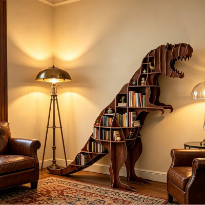 Bibliothèque en forme de T-Rex en bois 3D, étagère de rangement autoportante en forme de dinosaure pour chambre d'enfant, bibliothèque unique avec tablettes ouvertes, présentoir à finition noyer rustique