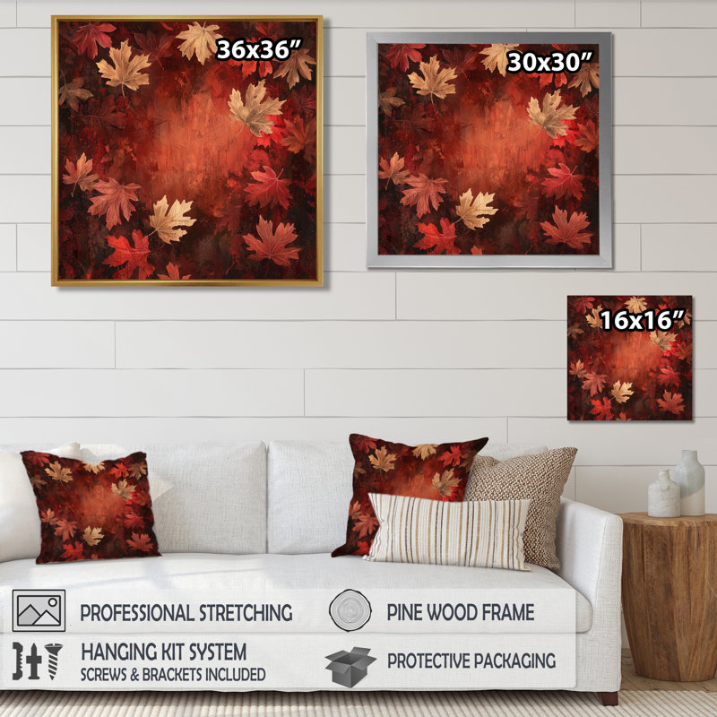 «Red Falling Maple Leaves I» - art mural feuilles, Impression encadrée flottante, H 16 po x l 16 po, Blanc