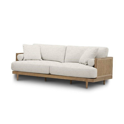 Senu Sofa, 2 Pillows, Beige Cushion, Light Oak Brown Rattan 87 Inch
