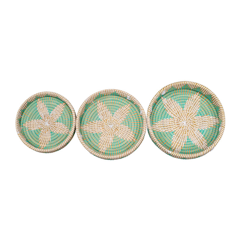 Rustic Kansgrass Multicolor Tray With Handles  (set Of 3), Cream/Teal