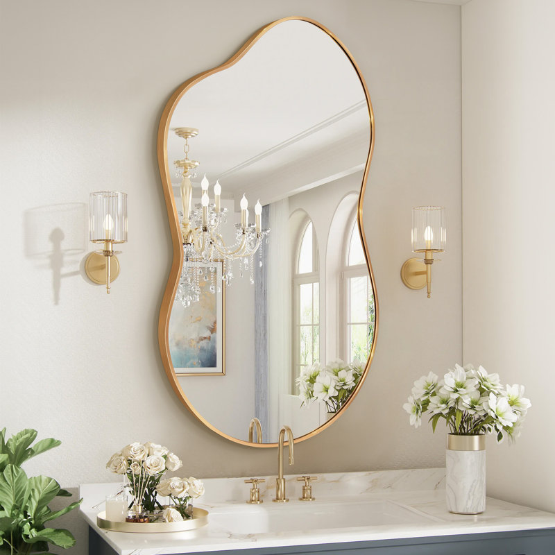Asymmetrical Metal Framed Wall Mirror, Gold, 46" x 26"
