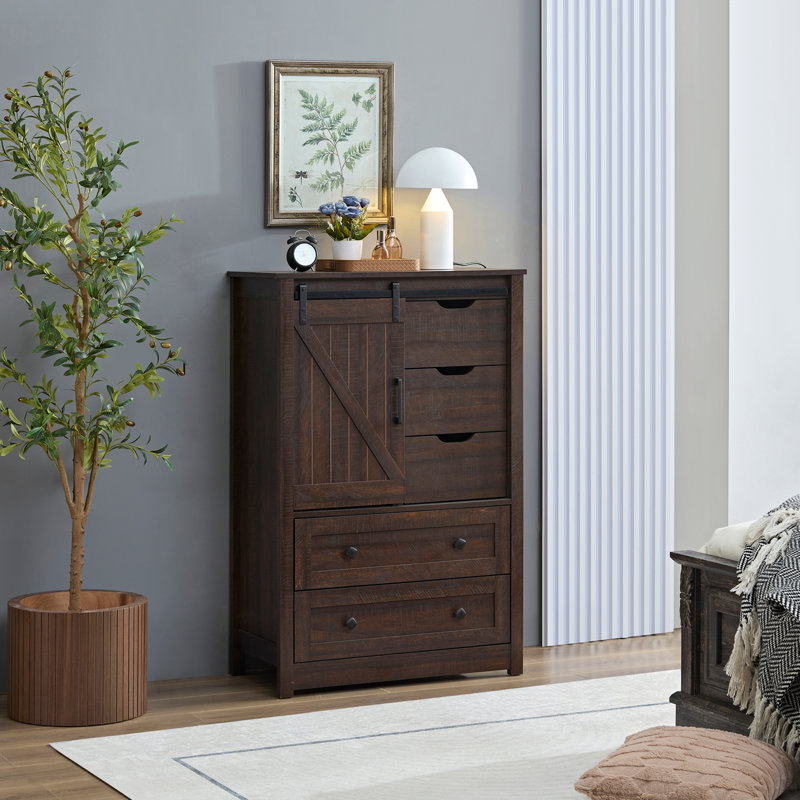 48"w Farmhouse Dresser With Sliding Barn Door - 5-drawer Storage Chest For Bedroom, Dark Brown