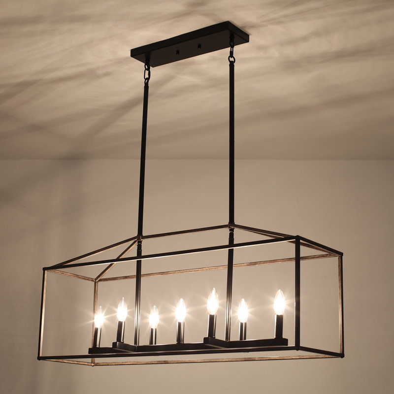 Entrekin 7 - Light Dimmable Kitchen Island Square / Rectangle Chandelie, Black/Wood, 7 Lights